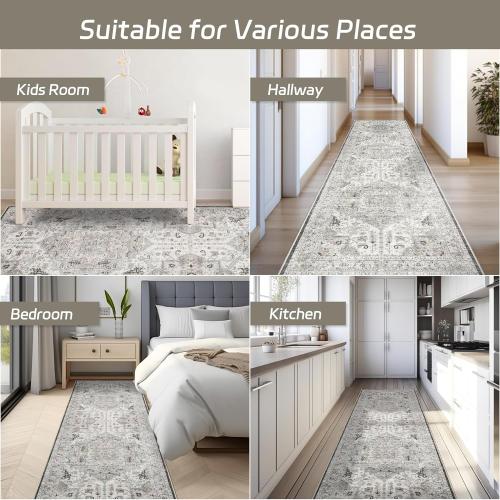 Madane Washable Runner Rug - 2x8 Runners for Hallways Kitchen Non-Slip Runner Rugs Ultra-Thin Laundry Room Rug Throw Carpet Runner for Entrance Living Dinning Room Foyer (Ivory/Brown, 2 x 8)