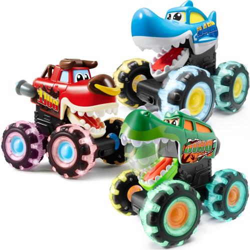 JOYIN 3 Pack Monster Truck Toy - Motion Activated Light Up Cars for Toddlers - Monster Glow Rover LED Wheels - Baby Boy Toys - Press and Go Trucks for Kids Boy Birthday Gifts Easter Basket Stuffers