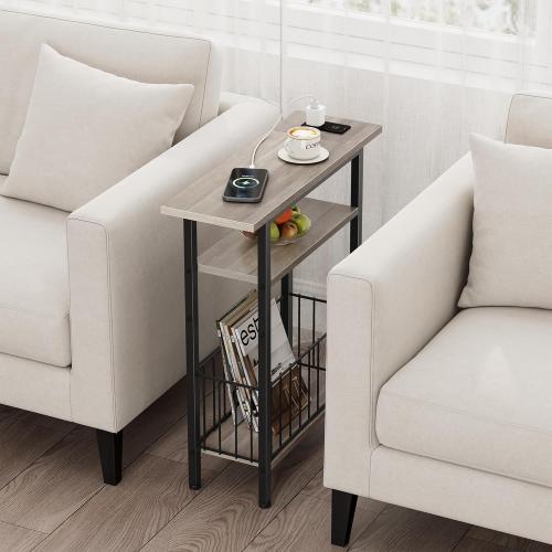 Vagusicc Narrow Side Table with Charging Station, Skinny Side End Table for Couch, 3-Tier Small End Tables for Small Spaces, 25.2 Tall Slim Nightstand Bedside Table for Living Room, Bedroom, Greige