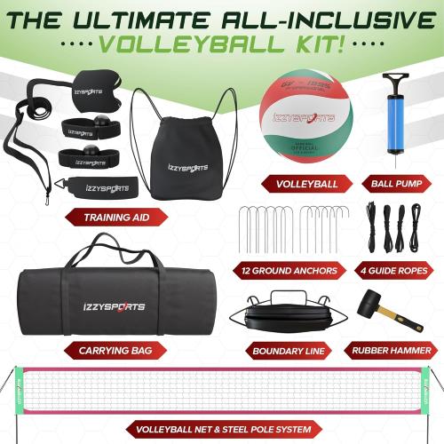 Red and Green Professional Volleyball Net Set, Easy Setup Regulation Net with Poles, Carrying Bag, Premium Ball, and More - Net for Backyard and Outdoor Beach Games