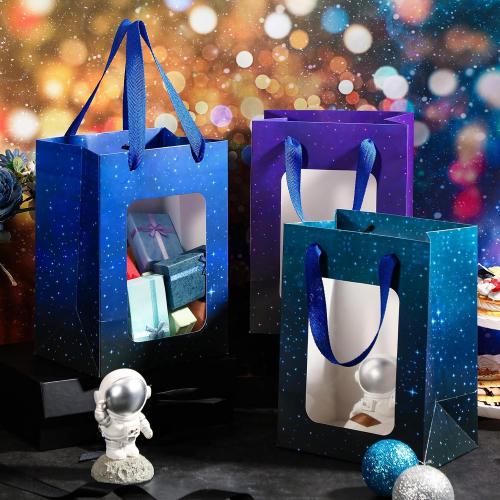 24 Pcs Space Party Favor Bags for Kids, Galaxy Birthday Goodie Bags with Window Treat Candy Bag for Space Stars Themed Birthday Decorations Supplies (Starry Sky)