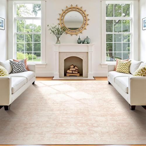 8x10 Area Rugs for Living Room: Large Soft Washable Rug Modern Aesthetic Floral Carpet Low Pile Non-Slip Stain Resistant for Bedroom Dining Table or Home Office Home Decor - Beige Pink