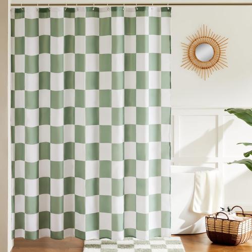 Checkered Shower Curtain, Sage Green Shower Curtains for Bathroom, Cute Retro Checkboard Shower Curtain Vintage Aesthetic, Washable Fabric Bath Curtain 72''x72''