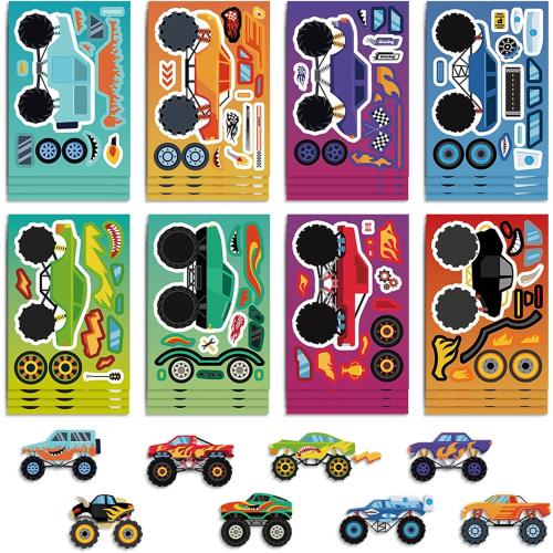 24 Sheets DIY Make a Face Monster Truck Stickers for Teens, Make Your Own Mixed & Matched with 8 Designed Characters(3 of Each) Sticker for Birthday Party Supplies Favors Class Reward (Monster Truck)