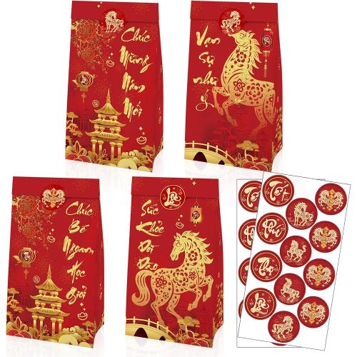 IRCOR Vietnamese New Year Gift Bags with Envelopes and Stickers, 12PCS Tet Party Favor Bags with 12 Red Envelopes (Lì Xì) & 24 Stickers for Lunar New Year Celebration