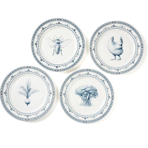 Set of 4 Blue and White Collectible Assorted Farm Animals, Veggies and Banyan Tree Dinner Plates 10.5 with Giftbox
