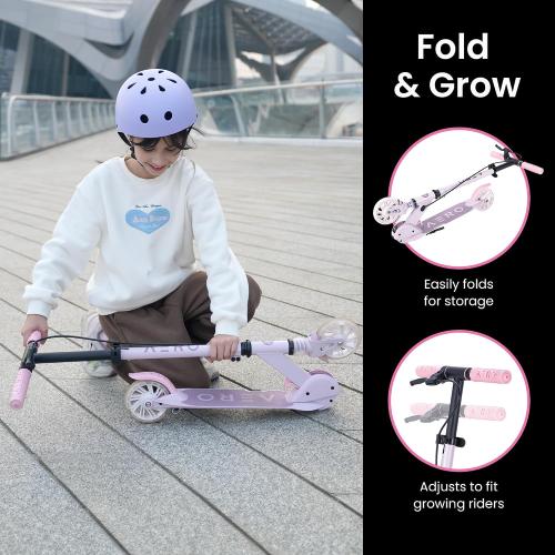 AERO MOBILITY Two-Wheel Kick Scooter for Kids 5-8 with Dynamic RGB Lights | Light Up Wheels | Hand Controlled Brake | Shock Absorption | Foldable & Height Adjustable, 110lbs Max
