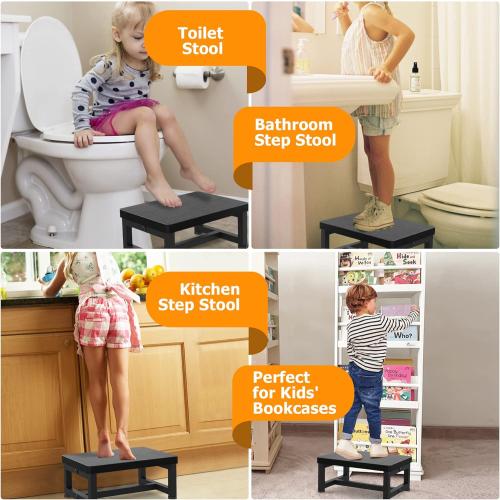 Step Stools for Adults Kids with Non-Slip Rubber Feet, Heavy Duty Wide Wooden Stepping 500-LBS Capacity Bedroom Kitchen Bathroom, Sturdy Bed Steps High Beds, Easy Assembly, Black