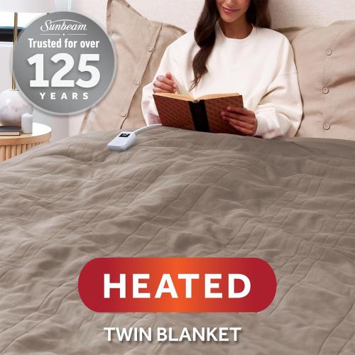 Sunbeam Electric Royal Luxe Microplush Heated Blanket, 12 Heat Settings, 12-Hour Auto Shut-Off, Fast Heating, Warm & Cozy, Machine Washable, Mushroom Color, Twin (84 x 62)