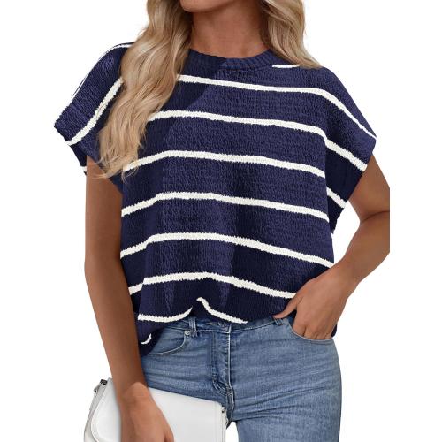 Max studio Womens Summer Short Sleeve Tops 2026 Trendy Crew Neck Striped Knit Sweater Business Casual Spring Clothes size xs