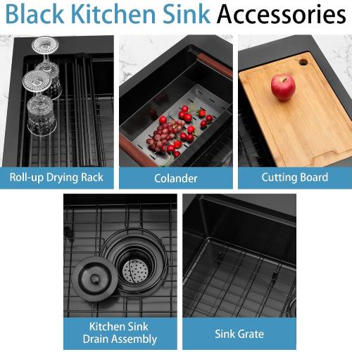 Black Drop In Sink 33x22, Matte Black Stainless Steel Sink Drop In 33x22, 16 Gauge Stainless Steel Black Kitchen Sink with Workatation Ledge and Abundant Accessories