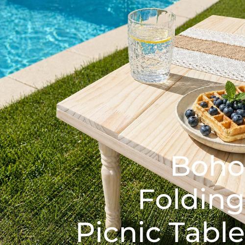 Boho Folding Picnic Table, 60 x 30 Low Wooden Table | Includes Table Runner & Non-Slip Pads, Portable Indoor/Outdoor Table for Camping, Beach, Garden, Wedding & Parties, Seats 6-8