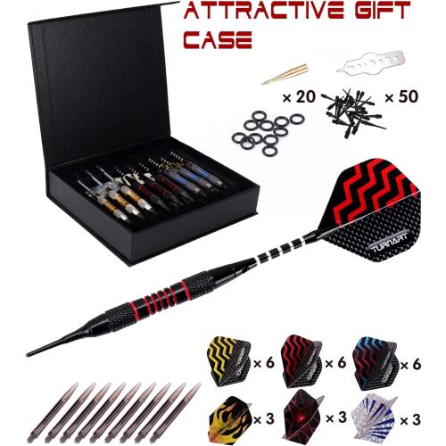 Multicolor 9pc Turnart Darts Plastic Tip - Professional Soft Tip Darts Set for Electronic Dartboard 9 Pcs 18 Grams with 50 Extra Tips 9 Shafts 27 Flights Tool Kit Flight Protectors and Gift Darts Case