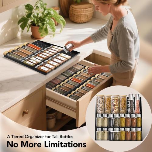 Spice Drawer Organizer 3-Tier Expandable (11-22 Wide), Spice Rack for Cabinet with Funnel & Spice Labels, Fits Large Jars, Seasoning Storage Insert Design for Cabinet & Drawer (Black)
