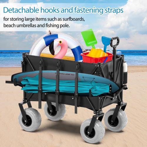 Color Black  Beach Wagon with Big Wheels for Sand,Heavy Duty Collapsible Wagon with All-Terrain 9 Pneumatic Tires and Detachable Cooler, Utility Beach Cart for Garden Sports Camping Activities