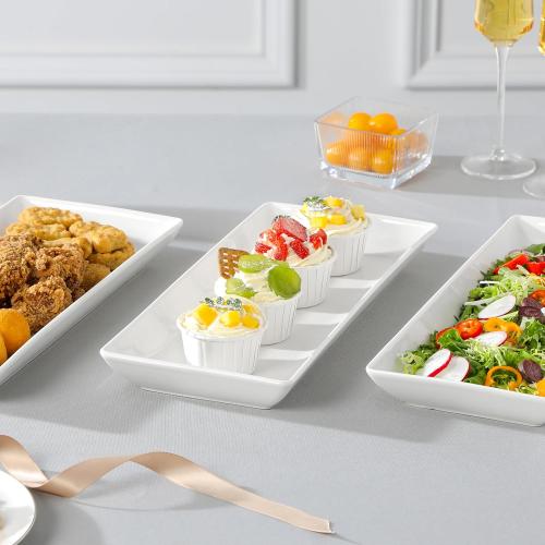 MALACASA 3 Tier Serving Trays for Party, 14 Inch Porcelain White Trays for Serving Food, Dessert Stand with Collapsible Gold Metal Rack