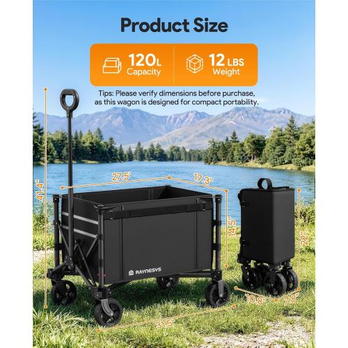 Collapsible Wagon with Wheels,120L Wagon Cart for Camping Groceries Beach | 220lbs Capacity Wagon Carts Foldablet,Smallest Folding Size,Lightweight Portable,Adjustable Handle,Transport long items