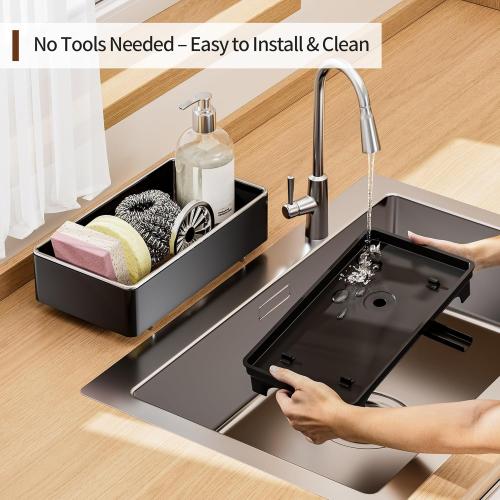 MOUKABAL Sponge Holder for Kitchen Sink, Rustproof Stainless Steel Black | Large Capacity/360° Rotating Drain Keeps Counter Dry/Holds Sponges & Soap Bottle/Easy-Clean Removable Tray