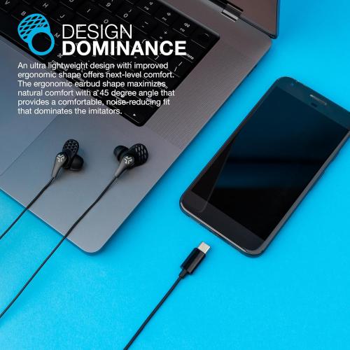 JLab JBuds Pro Signature Wired Earbuds, USB-C Connection, Music Controls, Universal Mic, Custom Fit with Cush Fins, Black
