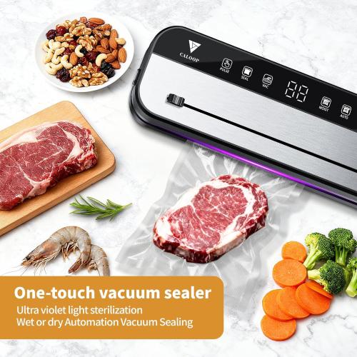 CALOOP Food Vacuum Sealer Machine with 20 Seal Bags, 80 Kpa Powerful Food Saver for Kitchen Storage, Dry/Moist Modes, Digital Countdown Timer, Compact Lightweight, Build-in Cutter