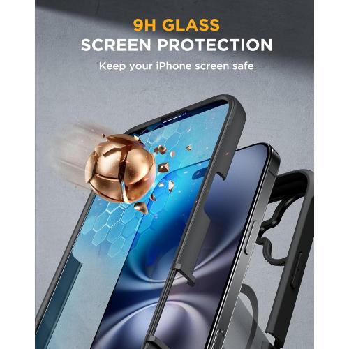 Miracase Magnetic for iPhone 16 Plus Case Full-Body Phone with Built-in Glass Screen Protector, [Compatible with MagSafe] Military Drop Proof 16 Plus Cover Bumper 6.7 inch, Black