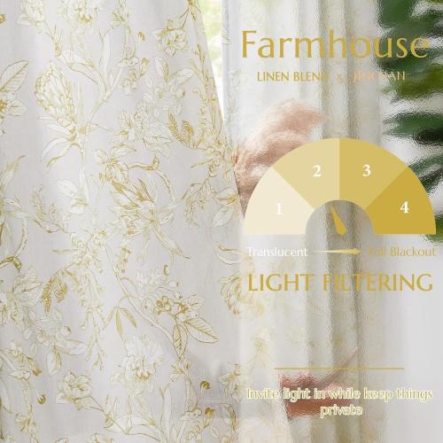 jinchan Floral Curtains 108 Inch Length Mustard Yellow Flower Linen Farmhouse Curtain for Living Room French Country Vintage Curtain Rod Pocket Curtains Set 2 Panels Floral Printed