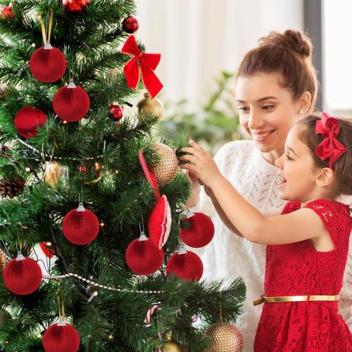 Woration 15pcs Christmas Tree Velvet Ball Hanging Red Ornaments DIY Decorations 2.36 inches Flocked Balls Shatterproof for Tree Xmas Holiday Party