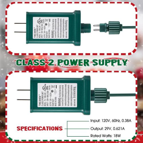 Meonum LED Power Supply, UL Certification Transformer Replacement Class 2 Power Supply with 3 Meter 2 Pin Extension Cable, Low Voltage Transformer US Plug Adapter for Christmas Tree Light(TS-18WL29V)