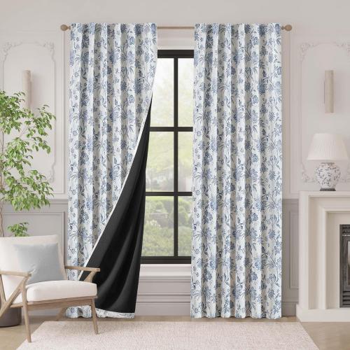 Vangao Blackout Curtains for Bedroom 84 Inches Long, Floral Curtains for Living Room Printed Flower Blackout Drapes Leaf Pattern Thermal Farmhouse Drapes Window Treatments, 2 Panels Blue and White