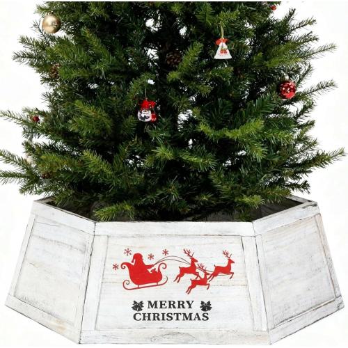 Weysat 30 Wooden Tree Collar Box Christmas Tree Skirt Collar Christmas Decoration Farmhouse Xmas Stand Cover Natural Wood Rustic Hexagon Xmas Base Cover 6-Piece Fit Below 29.5(White Rustic)