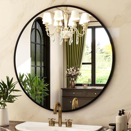 Round Mirror Black Wall Mounted Circle Mirrors Vanity Mirror with Brushed Aluminum Alloy Frame Modern Decoration for Bathroom, Living Room, Vanity, Bedroom, Entryway