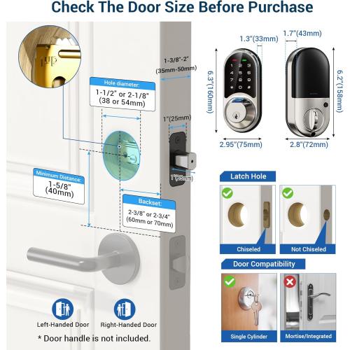 Veise RZ07 Smart Lock, Fingerprint Door Lock, 7-in-1 Keyless Entry with App Control, Electronic Touchscreen Keypad Deadbolt, Biometric Smart Locks for Front Door, Satin Nickel