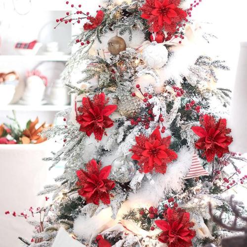 GREENTIME 12 Pcs Glitter Poinsettia 5.5 Artificial Flowers Christmas with Clips Stems Xmas Tree Ornaments for New Year Party Stairs Fireplace Porch Balcony Garden Church Wreath Decoration (Red)