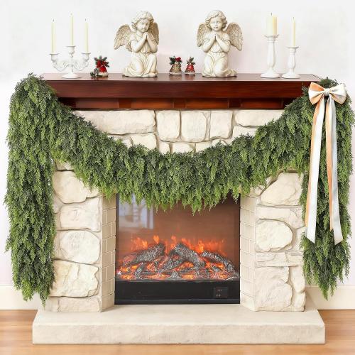 9FT Cedar Garland for Fireplace - Artificial Christmas Garland Thick and Lush Realistic Faux Cedar Fake Pine Needles Garland for Table,Window,Stairs,Mante,Indoor Outdoor Decor (2PCS)