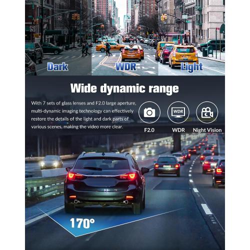 Dash Camera for Cars,4K Full UHD Car Camera Front Rear with 32GB Card,Built-in Super Night Vision,2.0'' IPS Screen,170°Wide Angle,WDR, 24H Parking Mode, Loop Recording.