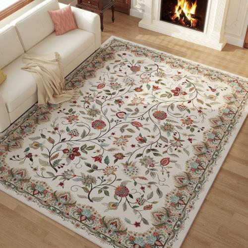 Rugcomf Vintage Paisley Rugs for Living Room 8'x10' - Machine Washable Area Rug, Non-Slip Low Pile Large Floral Carpet for Bedroom, Dining Room, Farmhouse, Office, Kids Playroom - Beige