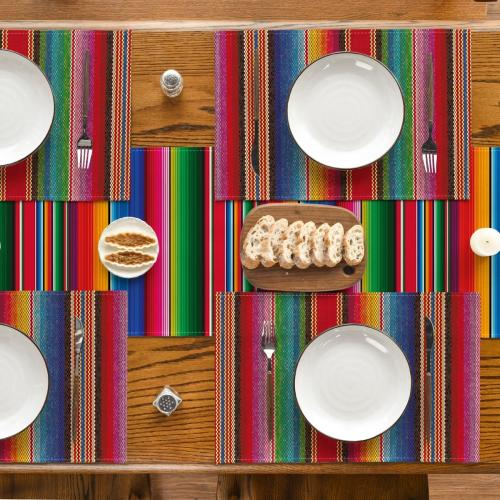 Artoid Mode Colorful Stripes Dia De Los Muertos Fiesta Mexico Placemats Set of 4, 12x18 Inch Spring Table Mats for Party Kitchen Dining Decoration