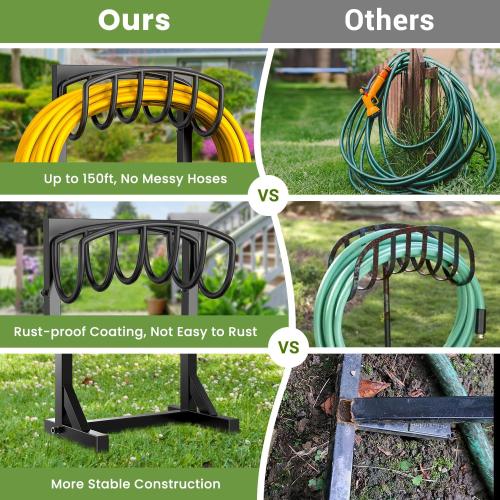 Garden Hose Holder with 4 Spikes, Water Hose Holders for Outside, 150ft Garden Hose Storage Heavy Duty Hose Hanger Metal Hose Stand Detachable Hose Reel Rack Organizer