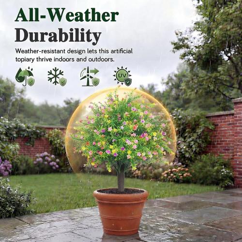 Artificial Topiary Boxwood Ball Trees with Ground Spike Set of 2 22 Outdoor Faux Plants Realistic Fake Bushes Lifelike Shrubs Decorations for Outdoor Indoor Front Porch Garden (Colourful, 22in)