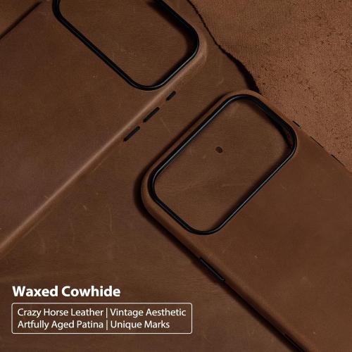 Belemay Handcrafted Crazy Horse Leather Case for iPhone 17 Pro, Compatible with MagSafe, Vintage Aesthetic, Two-Tone Effect, Unique Patina, Camera Control Button, Metal Buttons (6.3), Vintage Brown