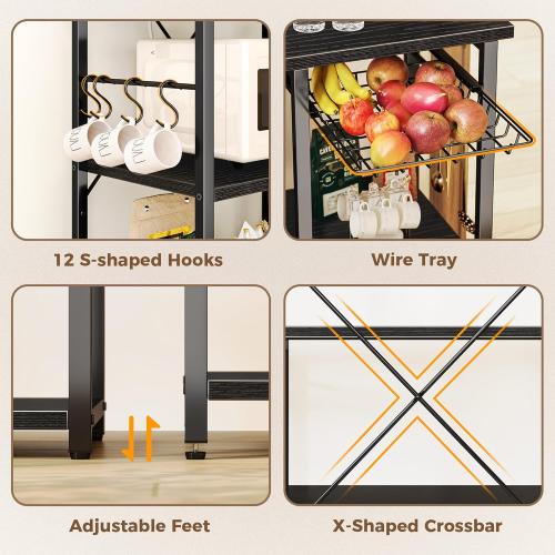 SUPERJARE Large Bakers Rack with Power Outlets, 6-Tier Microwave Stand, Coffee Bar with 12 S-Shaped Hooks, Kitchen Shelf with Wire Basket, 39.4 x 14.6 x 66.9 Inches, Black