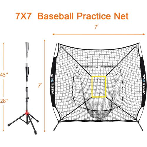 Storgem Baseball and Softball Practice Net 7×7ft Portable Hitting Pitching Batting Training Net Baseball Backstop Net with Batting Tee and Strike Zone and Bow Frame
