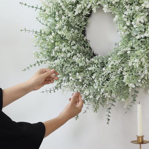 26'' Large Eucalyptus Wreath for Front Door, Porch- Artificial Eucalyptus and Lavender with Babys Breath Flowers Wreath for Home, Farmhouse Wall Decor- Spring, Summer, Fall, All Seasons (White-Green)