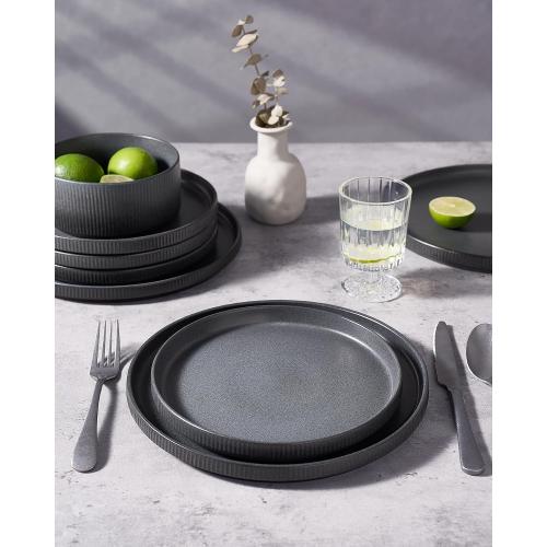 famiware Star Dinner Plates for 6, 10 inches Plate Set, Scratch Resistant, Stoneware Dinnerware, Kitchen Modern Rustic Serving Dishes, Matte Dark Charcoal (Full Glaze)