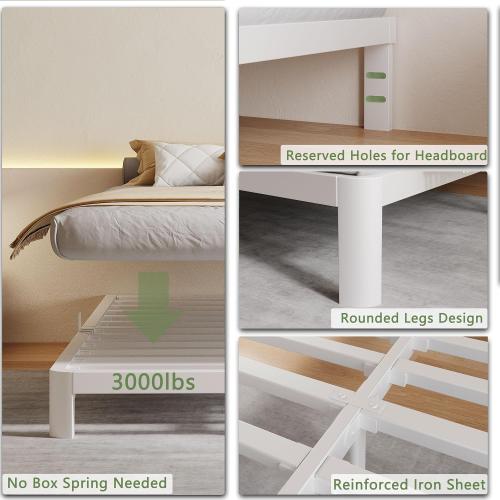 KZZLOL White Bed Frame Queen Size 10 Inch, Low Queen Bed Frame No Box Spring Needed with Mattress Stoppers, DIY Headboard, Heavy Duty Steel Support 3000 LBS, Rounded Legs, Easy Assembly, Noiseless