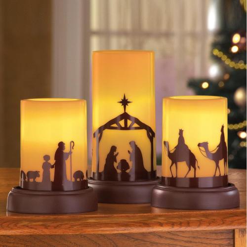 Collections Etc LED Flameless Christmas Nativity Scene Candles, Holiday Home Decor Accents - Set of 3