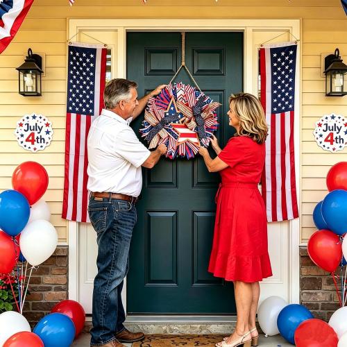 Spiritlele 250th Anniversary USA Door Sign Star Patriotic Wreath 4th of July Memorial Day Hanging Garland Indoor Decoration for Front Door Home Office Celebration Gift