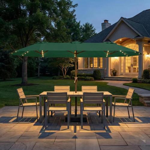 Kingdura 15ft Large Patio Umbrella with Solar Lights, Double-Sided Rectangle Outdoor Table Umbrella with Base Included, 12 Reinforced Ribs, 48 Led Lights, Crank Lift for Market Pool Deck, Dark green