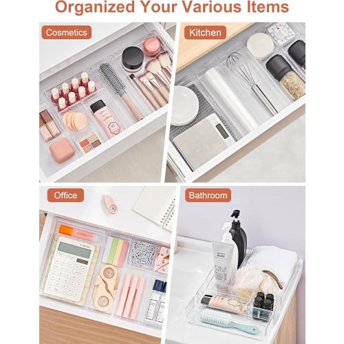 SMARTAKE 8 Piece Drawer Organizer with Non-Slip Silicone Pads, Desk Drawer Organizer Trays Storage Tray for Makeup, Jewelries, Utensils in Bedroom Dresser, Office and Kitchen (Clear)