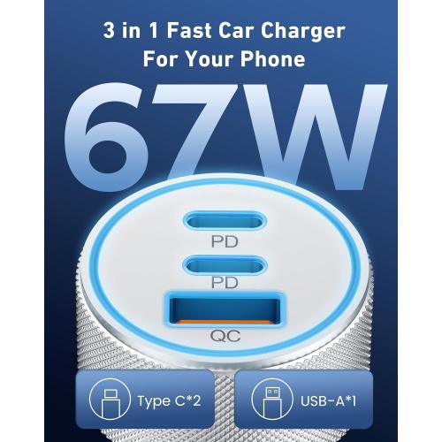 67W 3-Port Super Fast Type C Car Charger USB C for iPhone 17/Air/16/16e/15 Pro Max, Samsung Galaxy S25 S24 S23, Pixel, Android, Car Adapter Accessories for Men Women   3FT USB-C Cable Silver